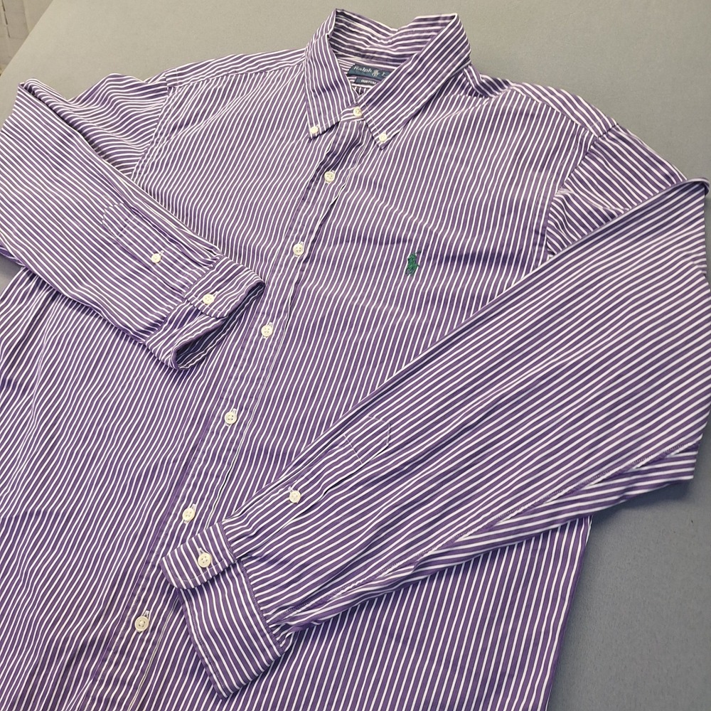 Ralph Lauren Mens XL Custom Fit Purple White Striped Cotton Button Down Shirt